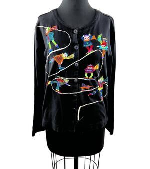 VINTAGE Christina Rotelli Black Cotton Embroidered Ice Skating Button Down Top